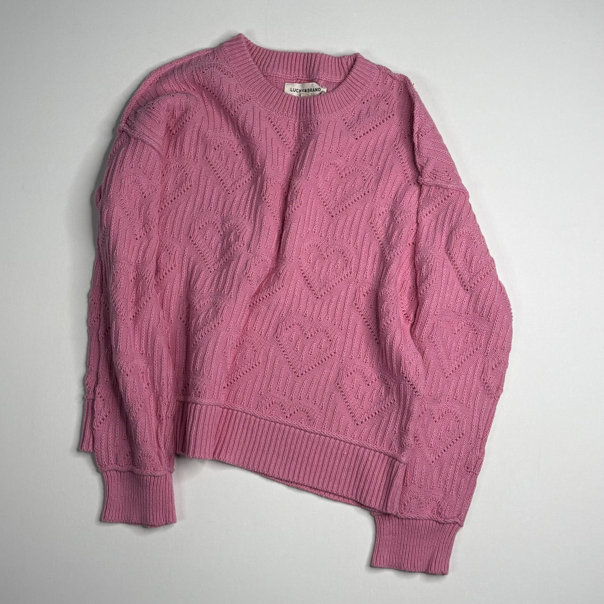 Lucky Brand Pink Heart Cable Knit Crewneck Sweater S