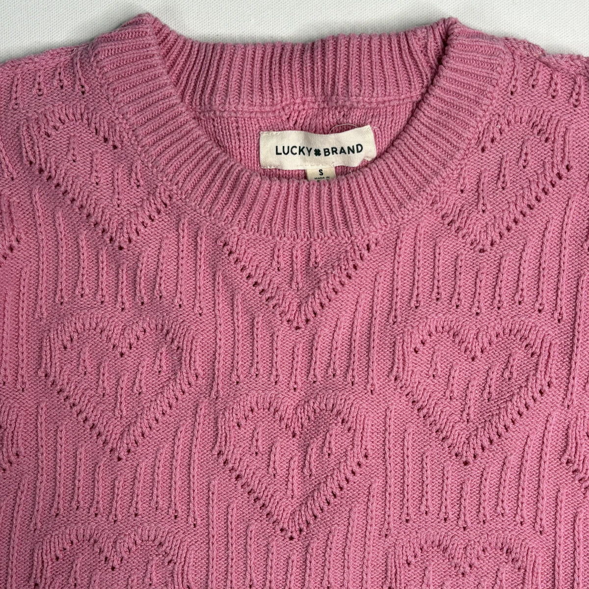 Lucky Brand Pink Heart Cable Knit Crewneck Sweater S