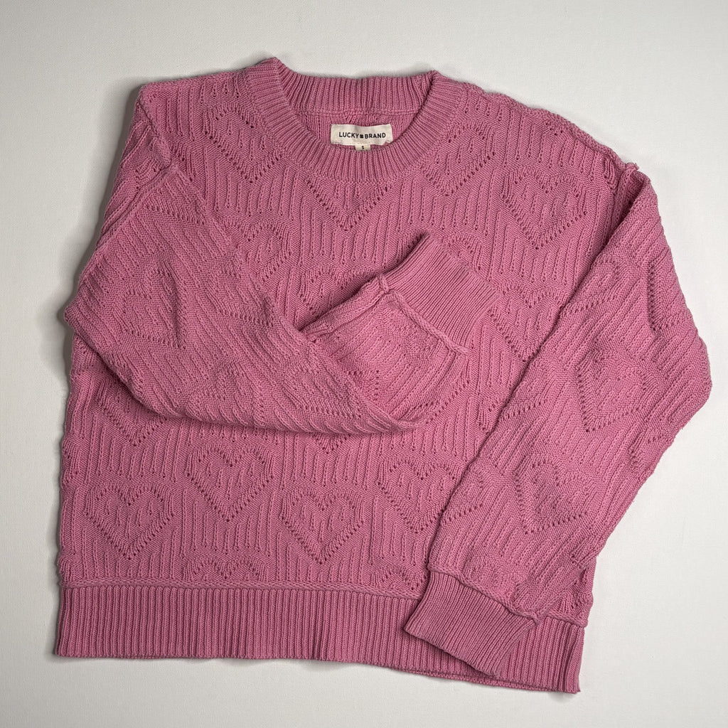 Lucky Brand Pink Heart Cable Knit Crewneck Sweater S