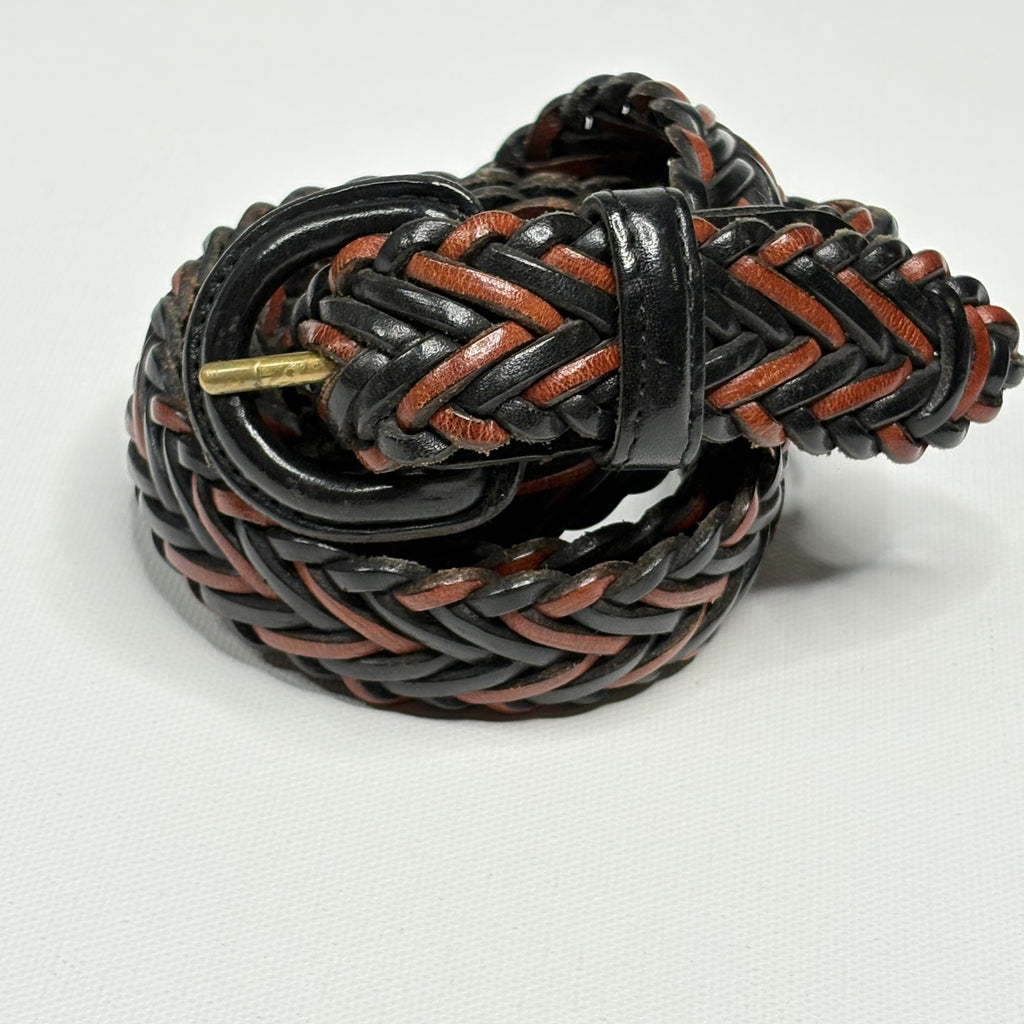 Vintage Braided Woven Leather Belt Black Brown Mens 36