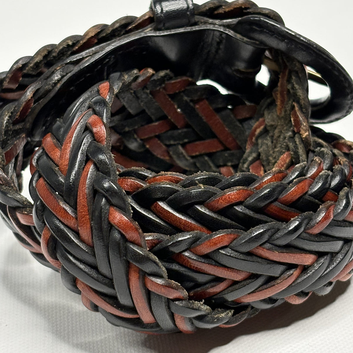 Vintage Braided Woven Leather Belt Black Brown Mens 36