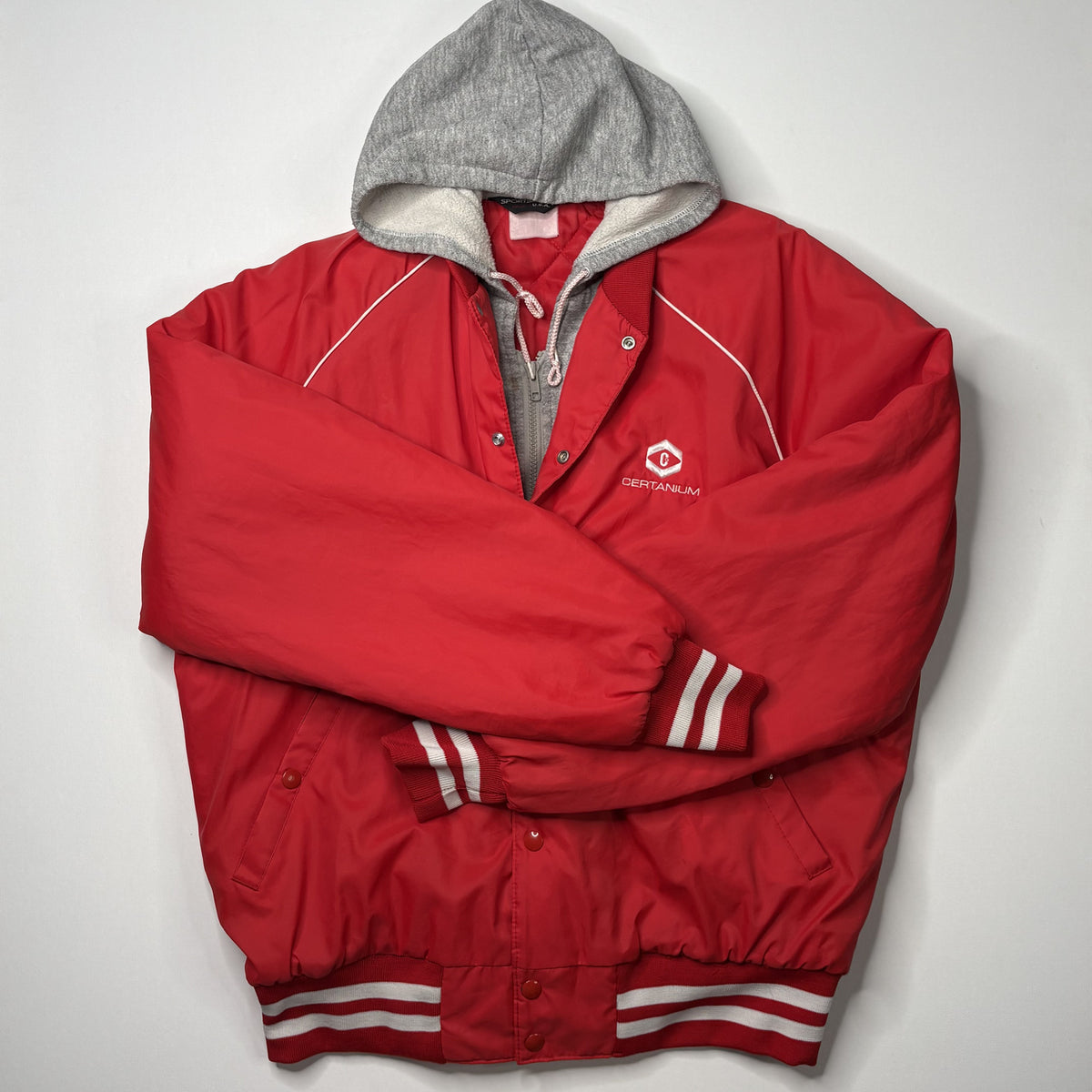 Vintage Sportsmaster Red Hooded Jacket Striped Trim