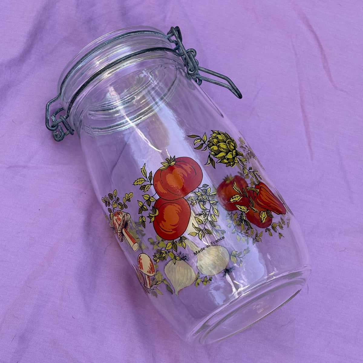 Vintage Fruit Print Glass Canister Wire Bail Jar 1.5L