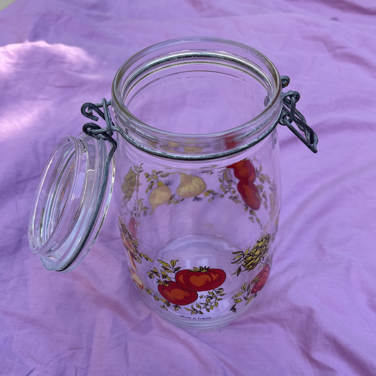 Vintage Fruit Print Glass Canister Wire Bail Jar 1.5L
