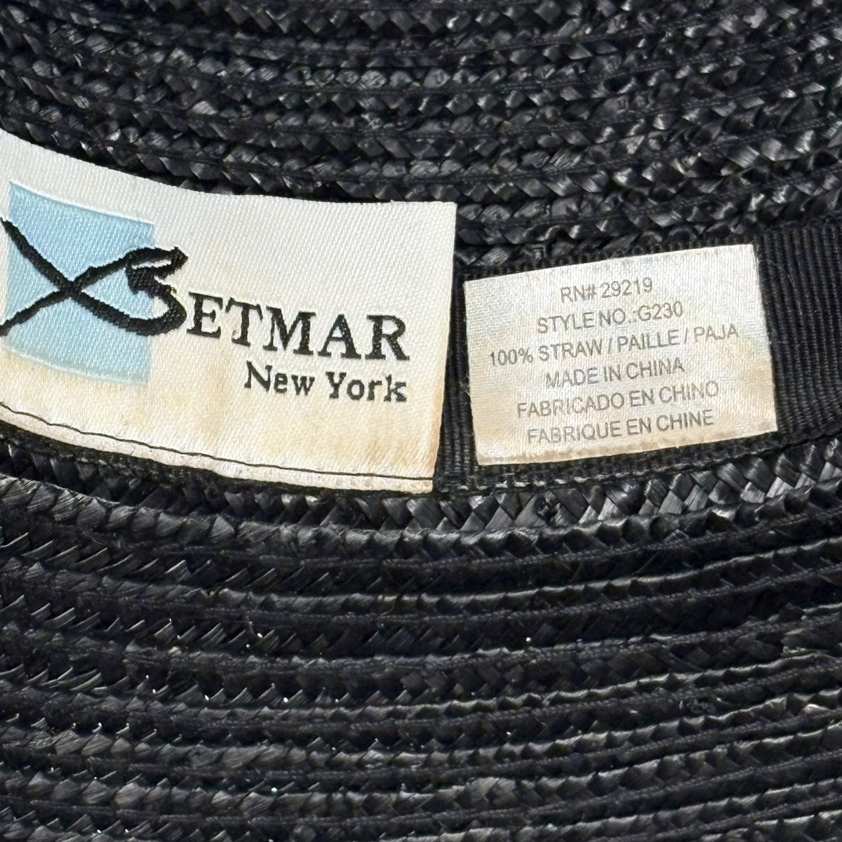 Betmar New York Vintage Black Woven Straw Bow Sun Hat