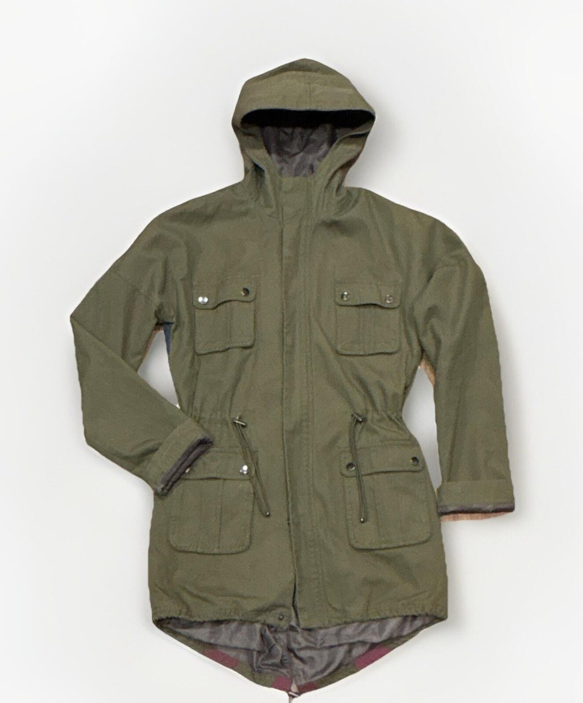 BDG Olive Green Hooded Military Parka Jacket with Flag Lined