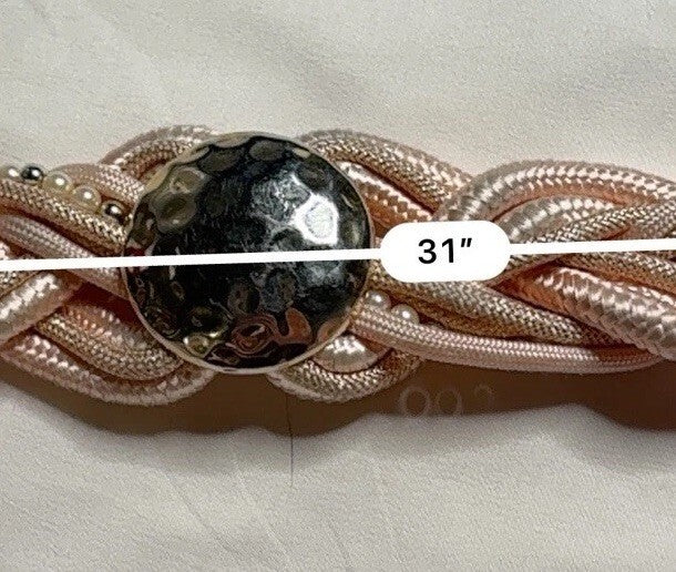 Vintage 80s Pink Braided Satin Belt with Faux Pearls & Gold-