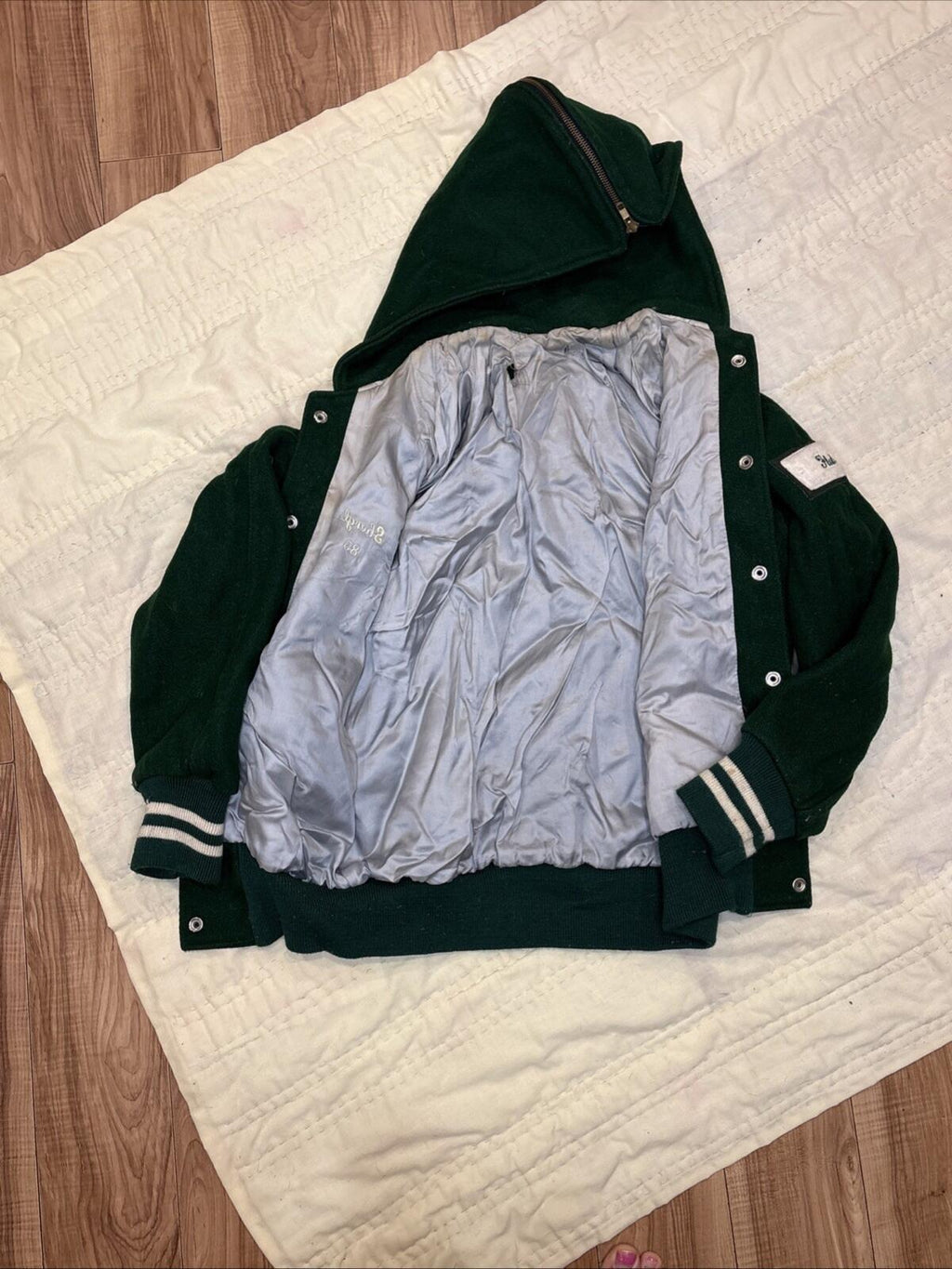 Vintage 1980s Holloway Green Wool Varsity Letterman Jacket -