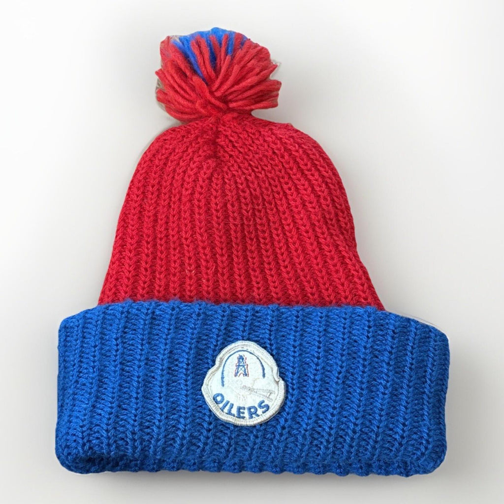 VTG Houston Oilers 1970s Knit Pom Beanie Hat Red Blue Retro