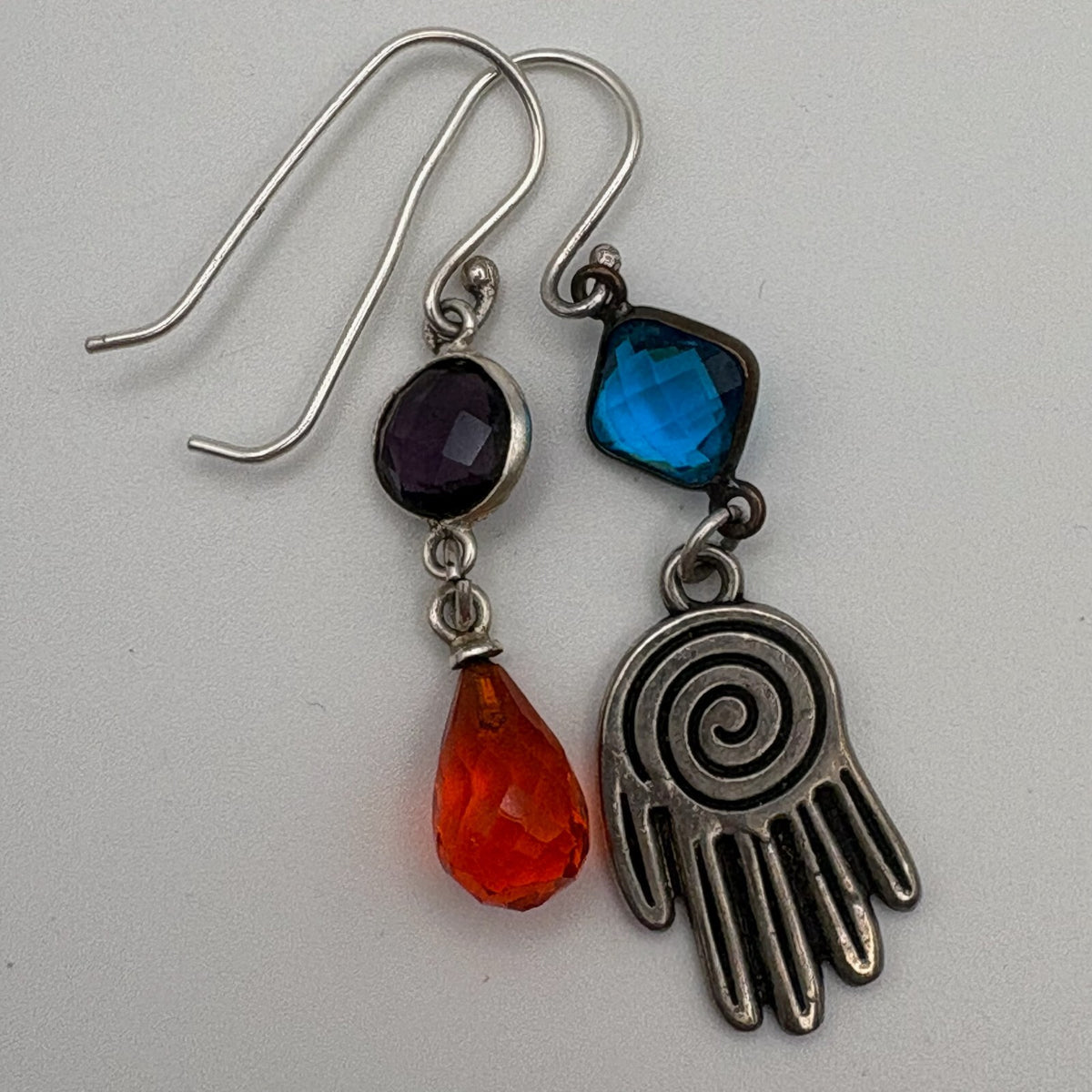 Quirky Mismatched Hand and Gemstone Dangle Earrings
