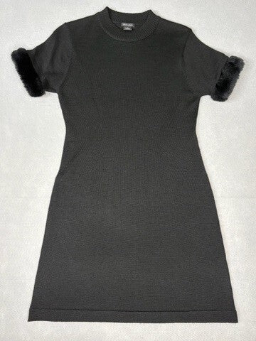 Guess Jeans Black Wool Blend Dress with Faux Fur Sleeve Cuff