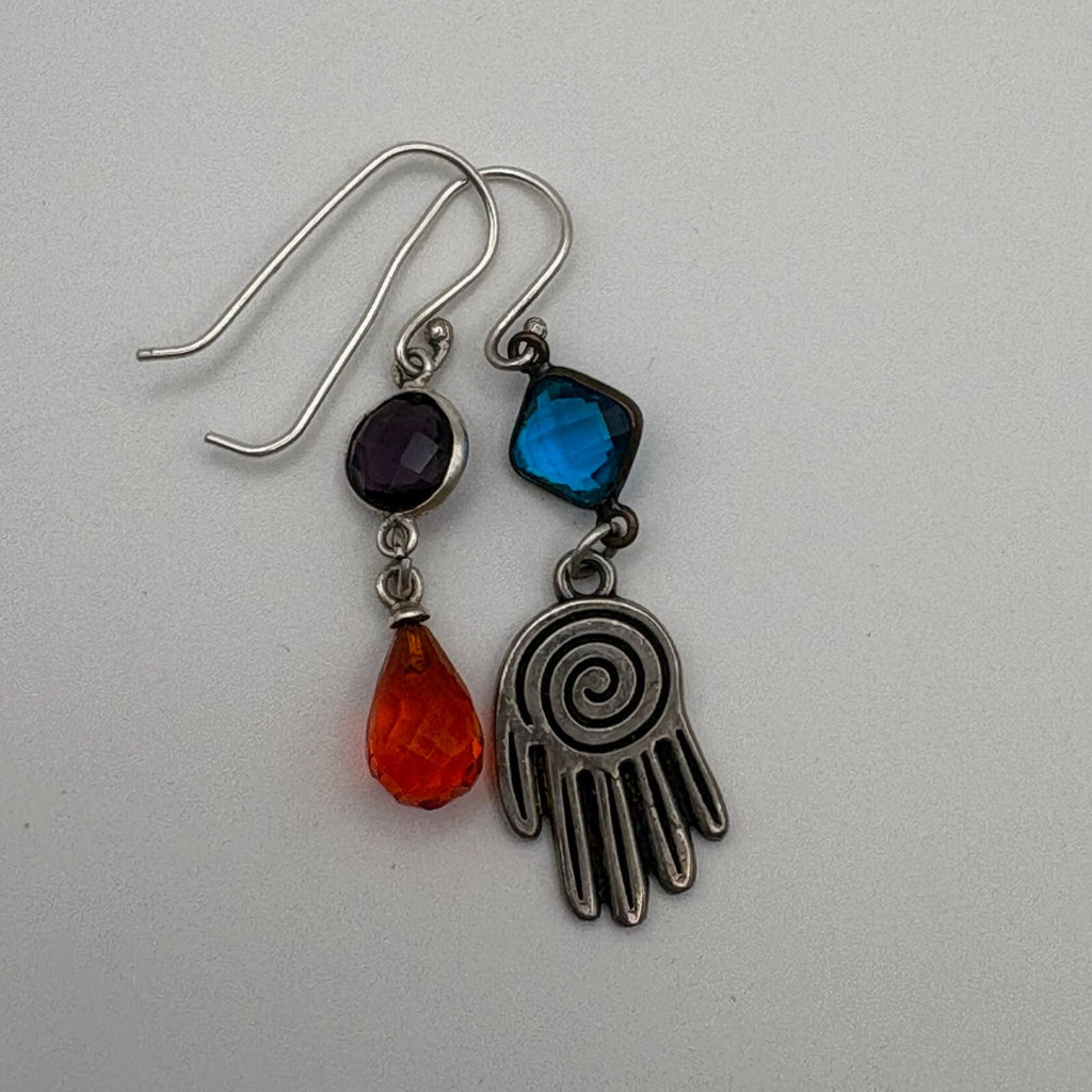 Quirky Mismatched Hand and Gemstone Dangle Earrings