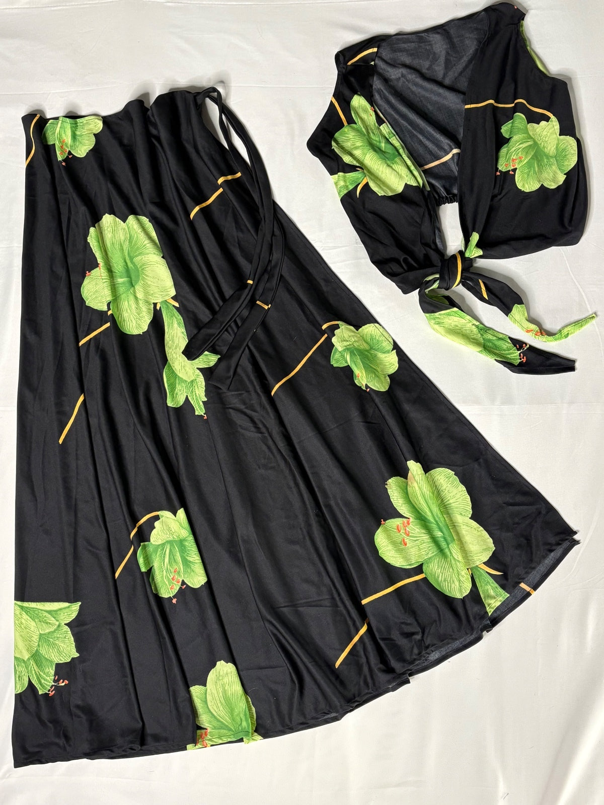 Vintage Black Floral Two-Piece Skirt and Crop Top Set