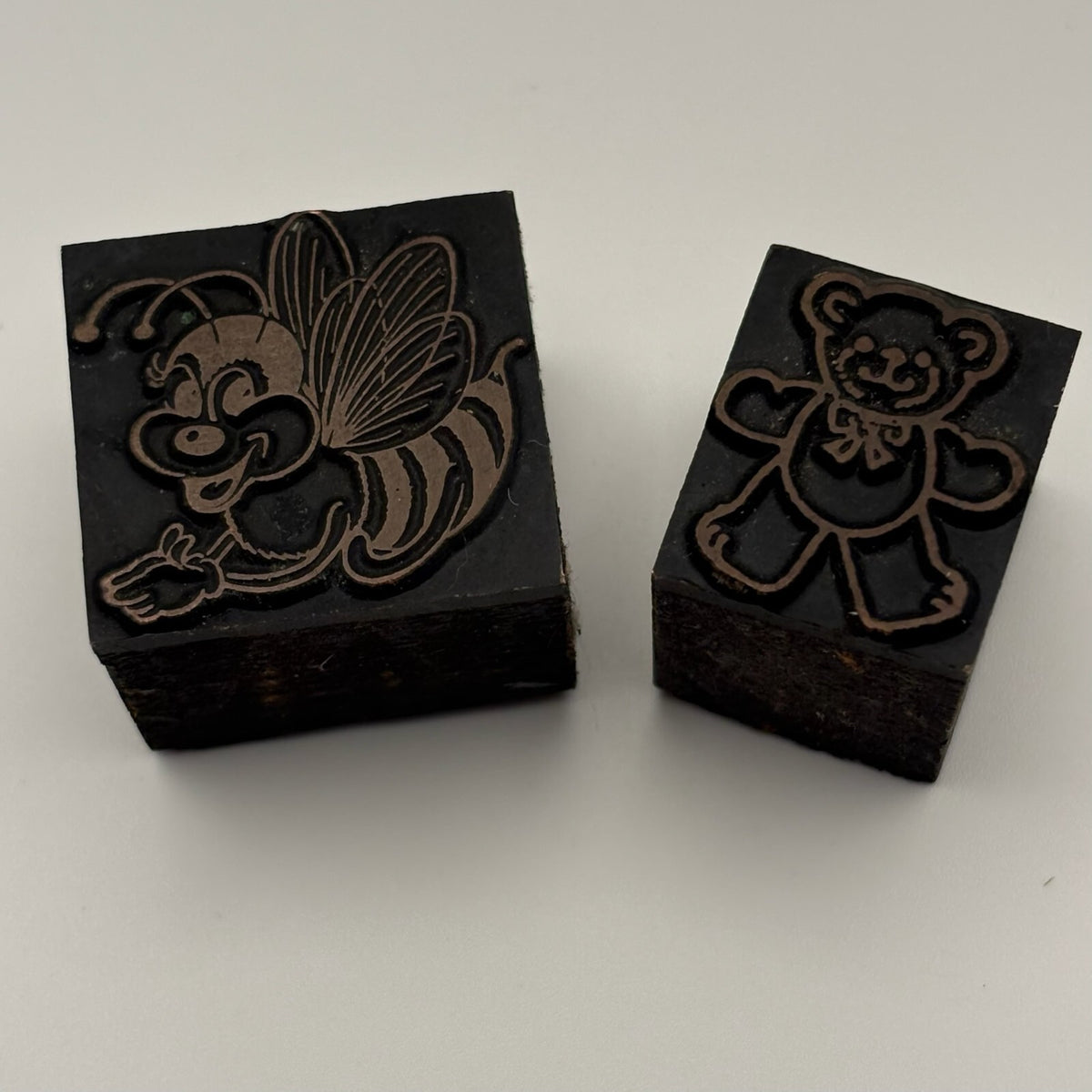 Vintage Wooden Stamp Set Teddy Bear and Honey Bee Copper Letterpress Stamps
