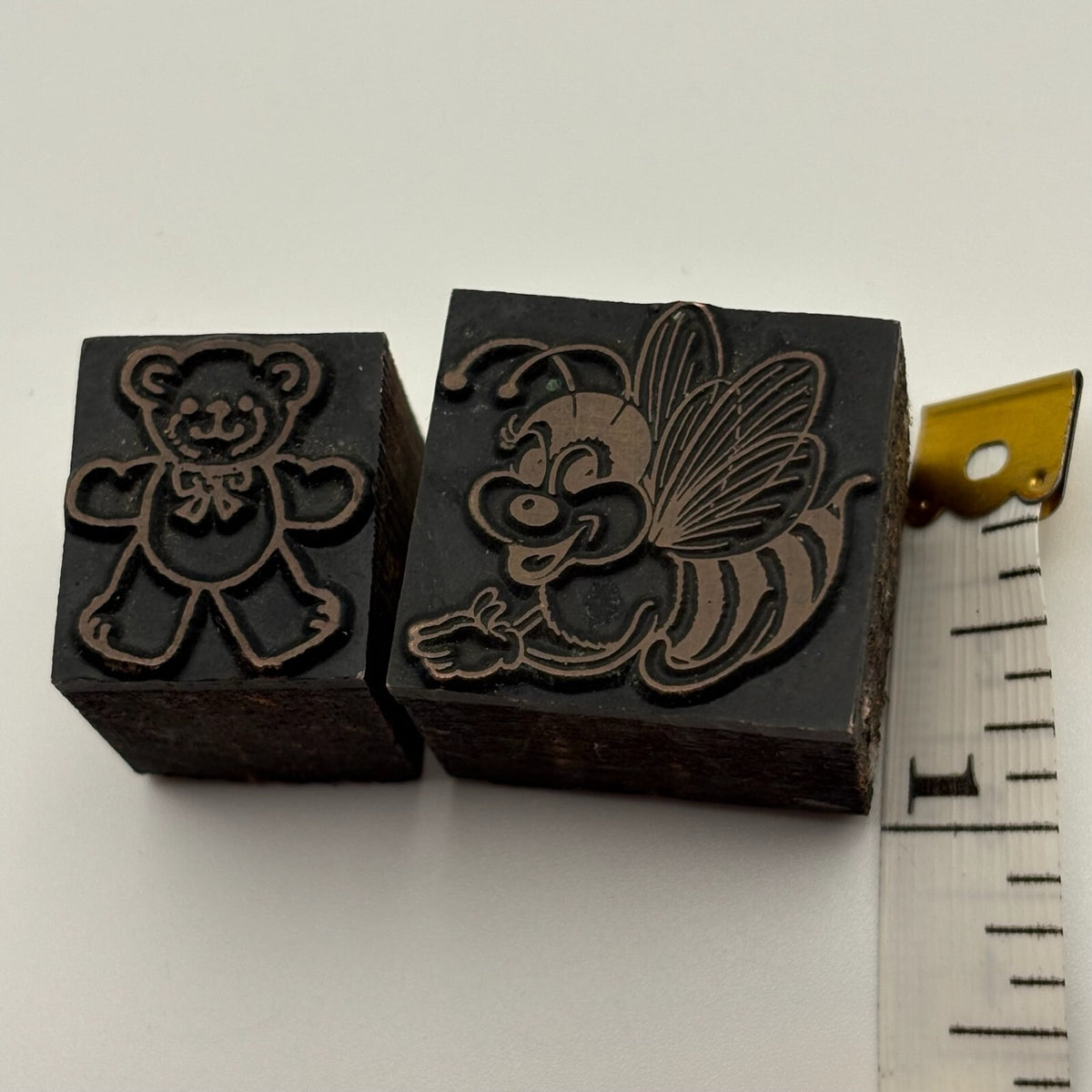 Vintage Wooden Stamp Set Teddy Bear and Honey Bee Copper Letterpress Stamps
