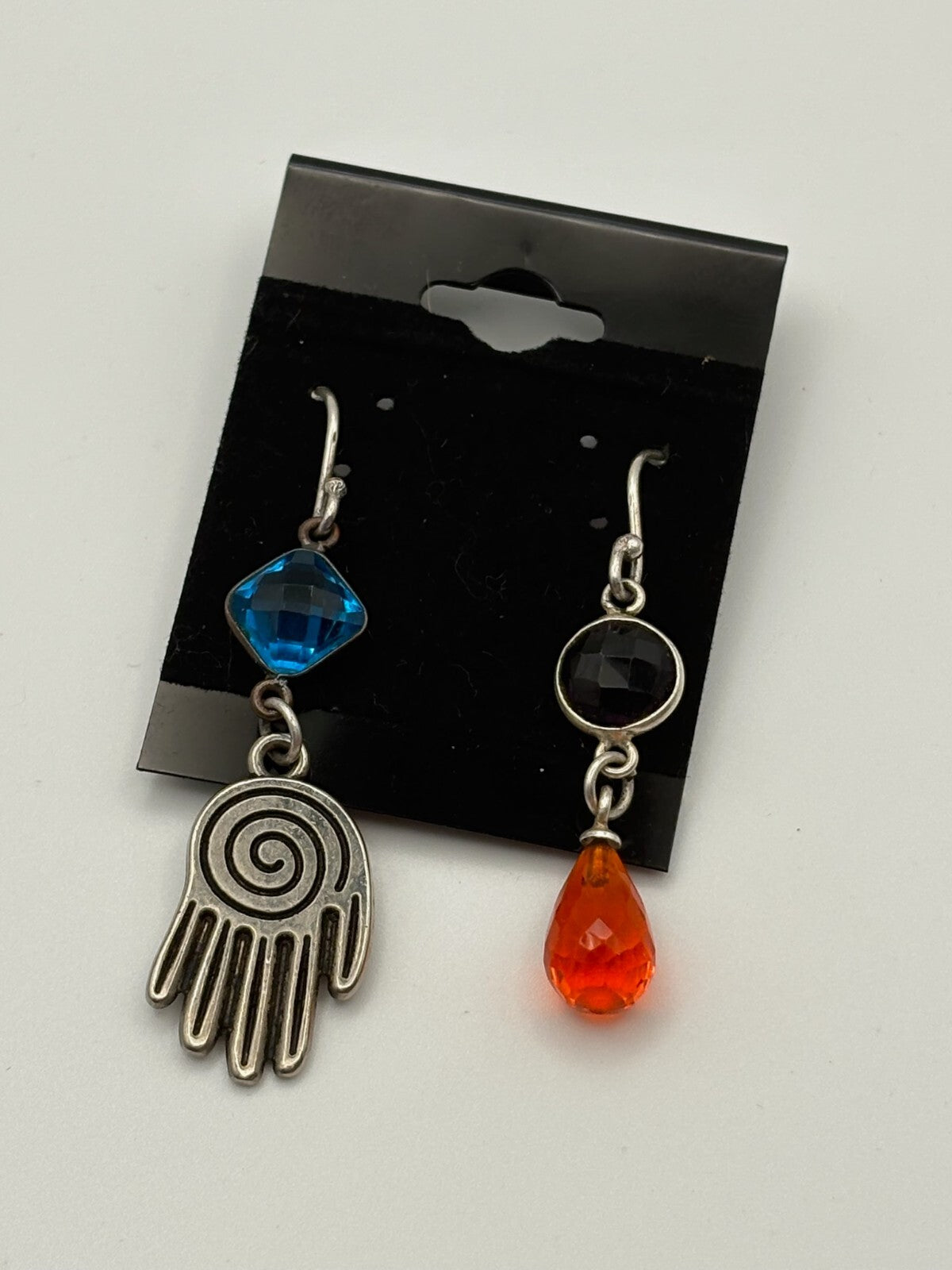 Quirky Mismatched Hand and Gemstone Dangle Earrings