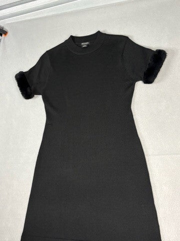 Guess Jeans Black Wool Blend Dress with Faux Fur Sleeve Cuff