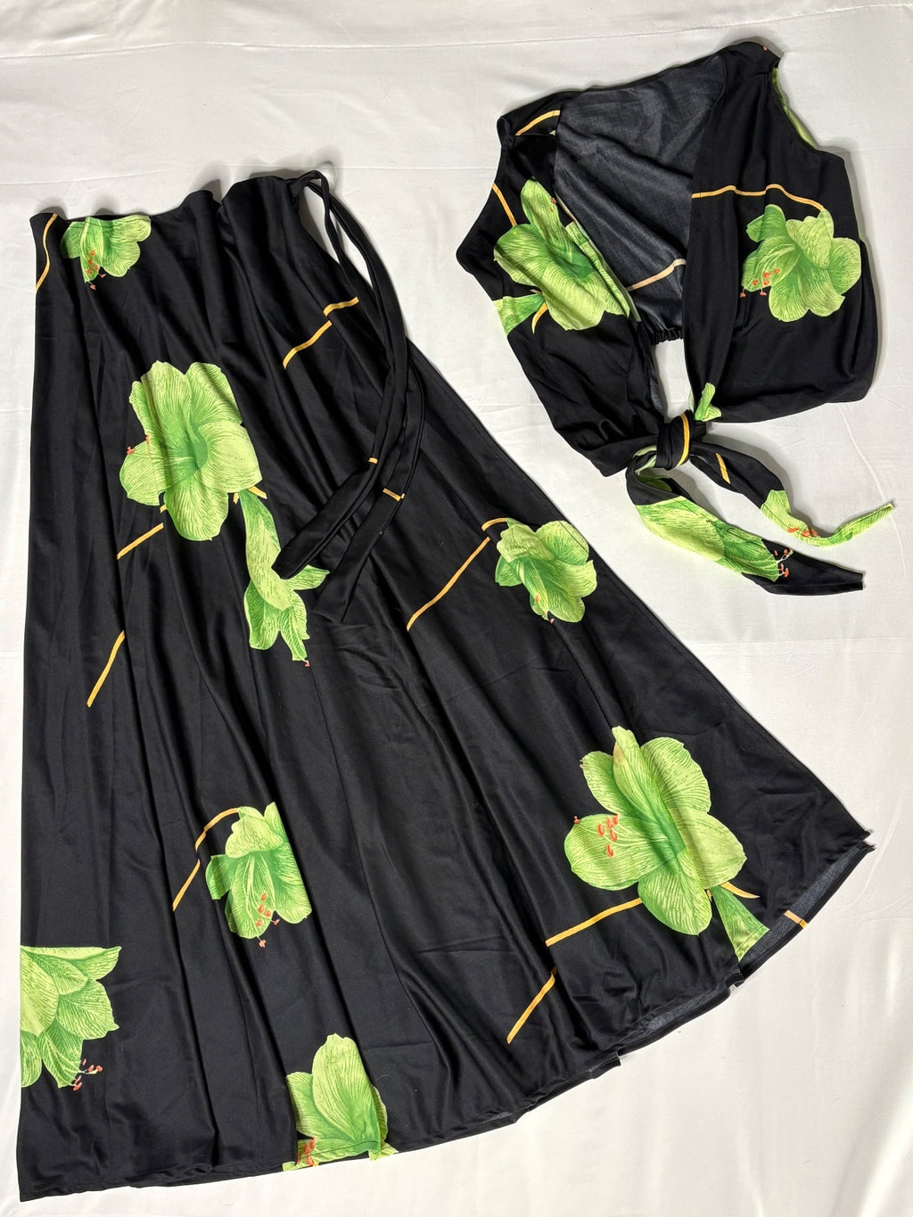 Vintage Black Floral Two-Piece Skirt and Crop Top Set