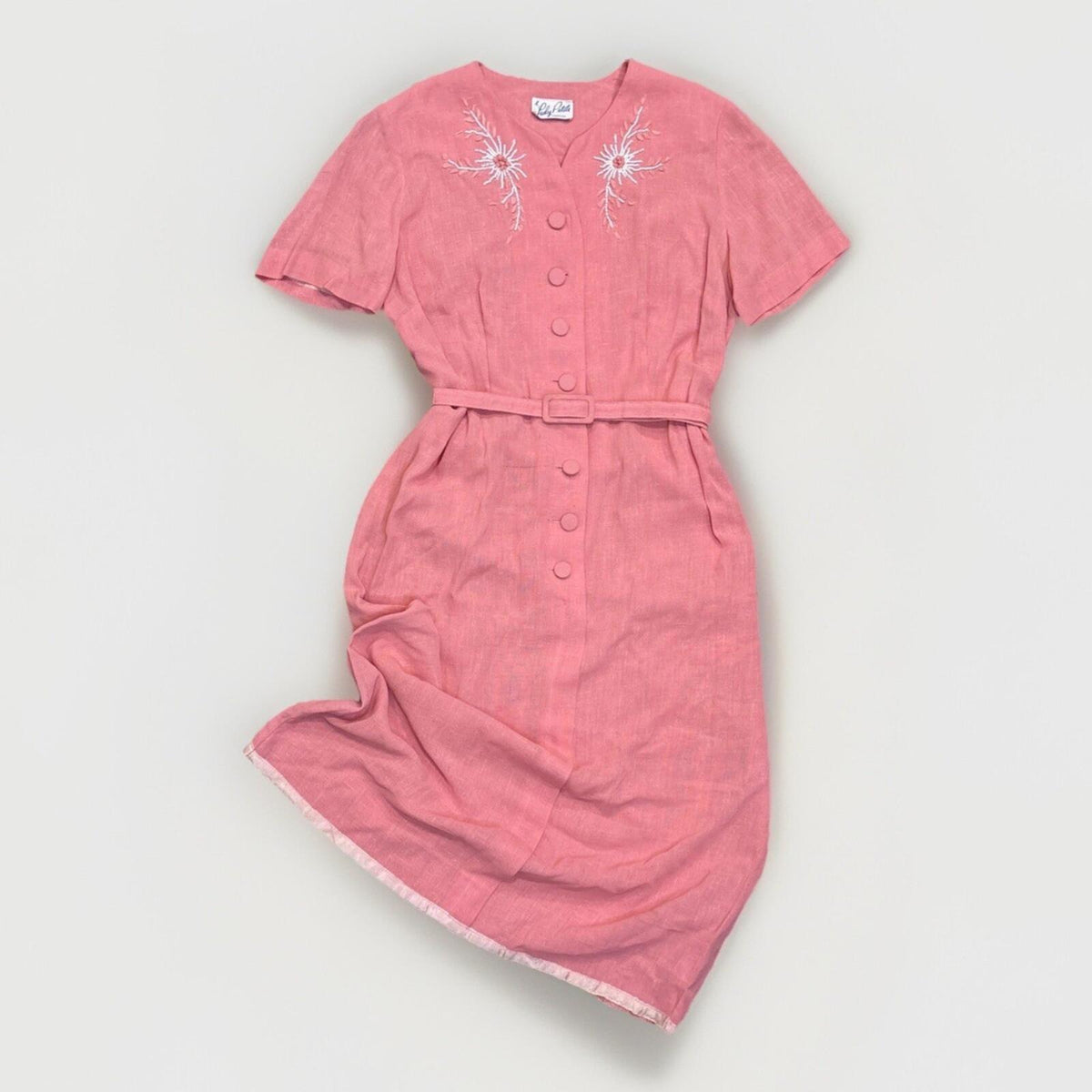 Vintage A Lady Petite Fashion Pink Embroidered Belted Midi/5