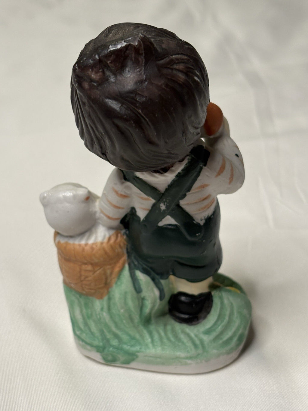 Vintage Mid-Century Hand-Painted Ceramic Boy Figurine with Basket and White Cat