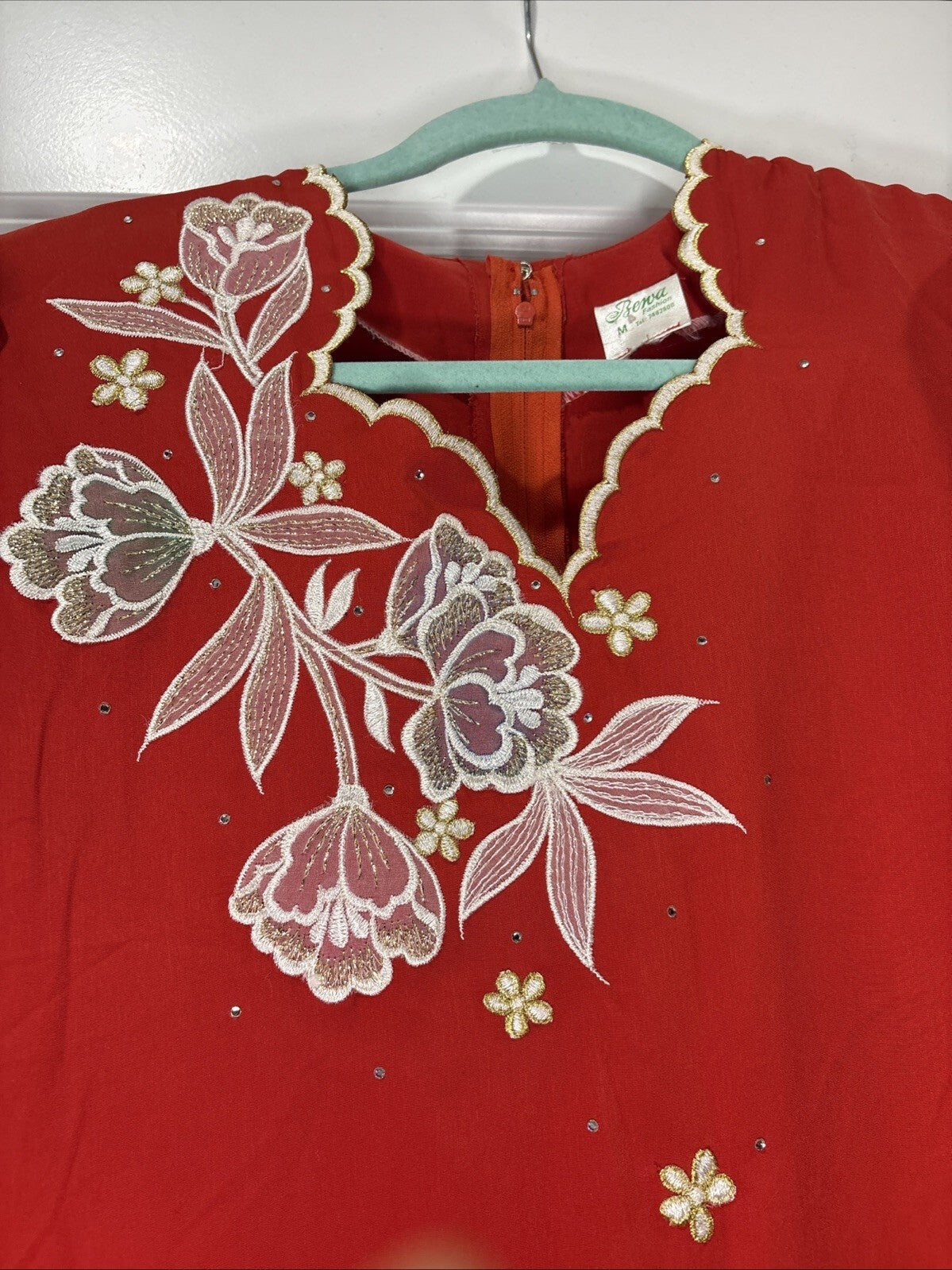 Bewa Fashion Vibrant Cherry Red Embroidered Floral Dress - M