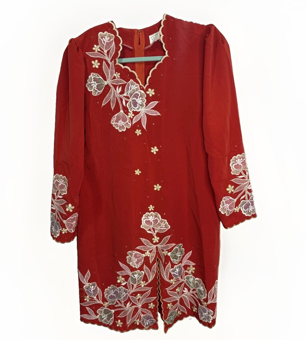 Bewa Fashion Vibrant Cherry Red Embroidered Floral Dress - M