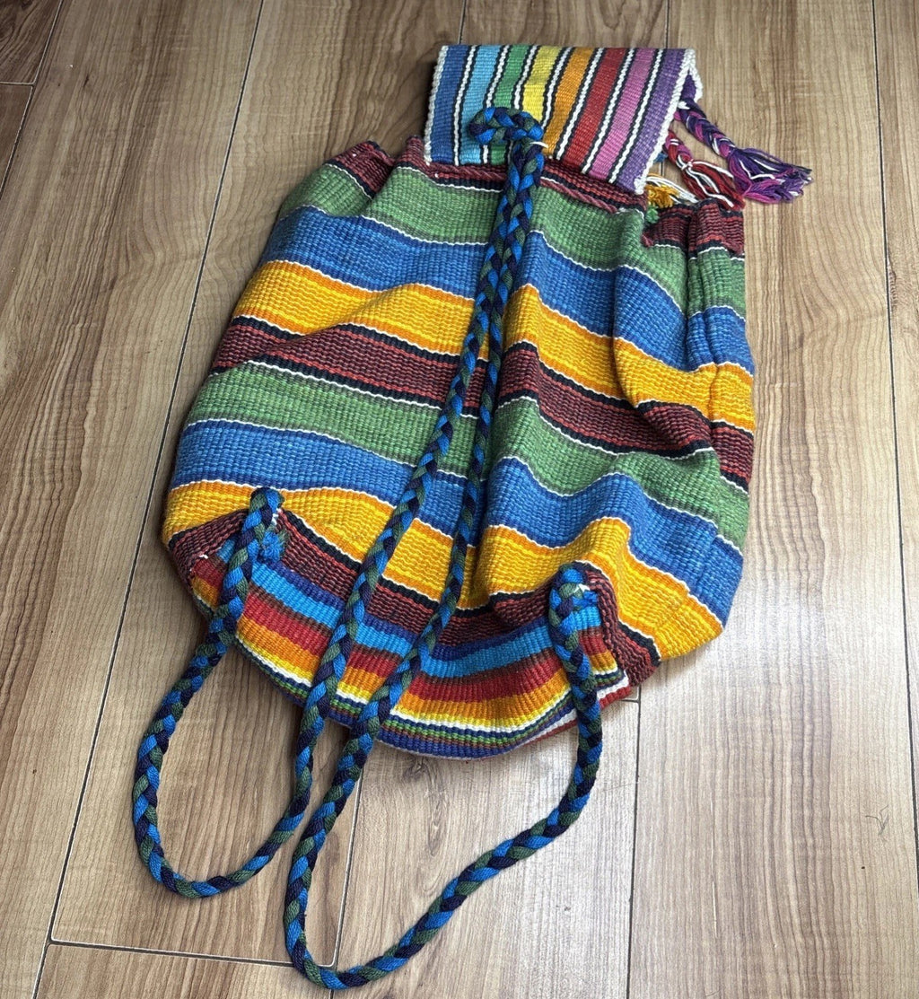 Handwoven Mexican Sarape Style Rainbow Drawstring Backpack