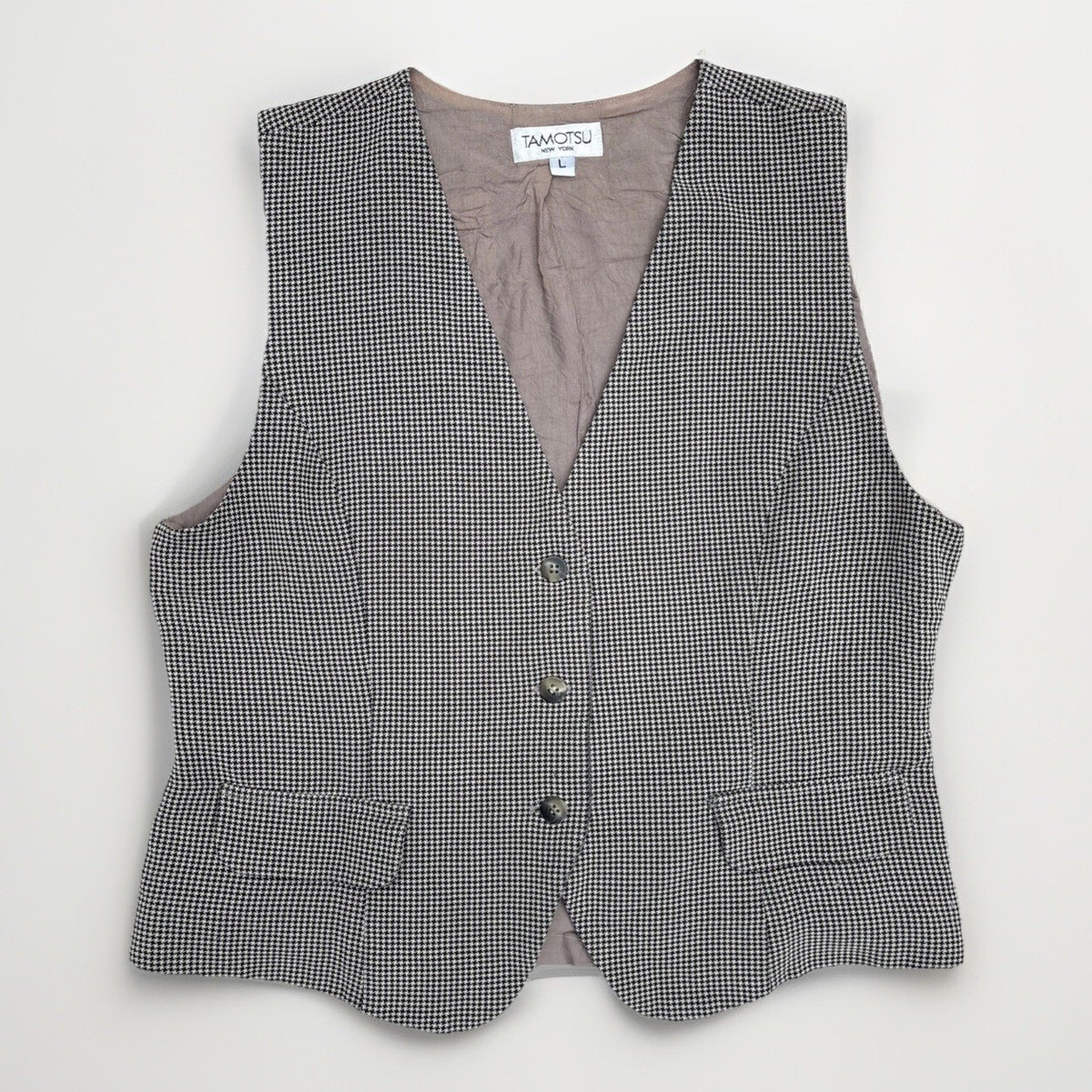 Vintage 90s Tamotsu Wool Blend Micro Houndstooth Vest L