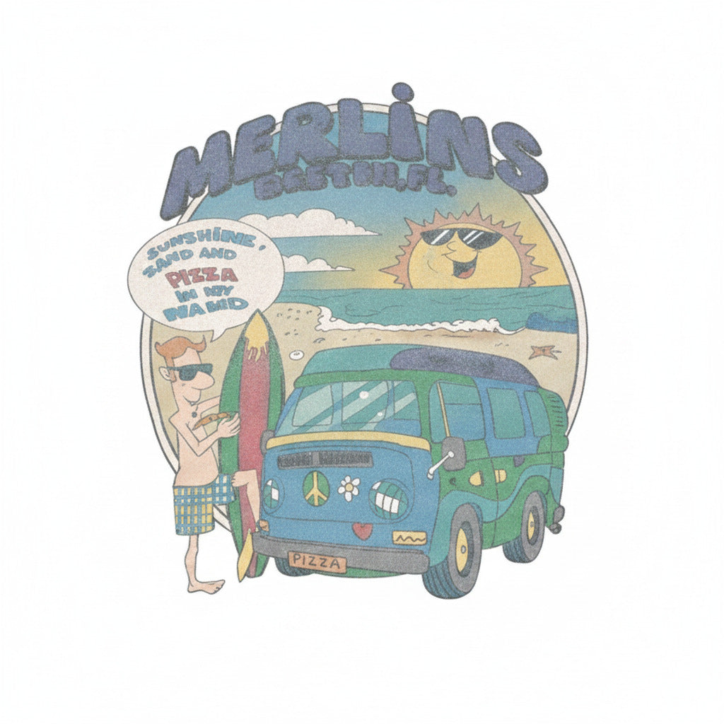 Vintage Blue Merlins Surf T-Shirt with Retro Van and Surfing