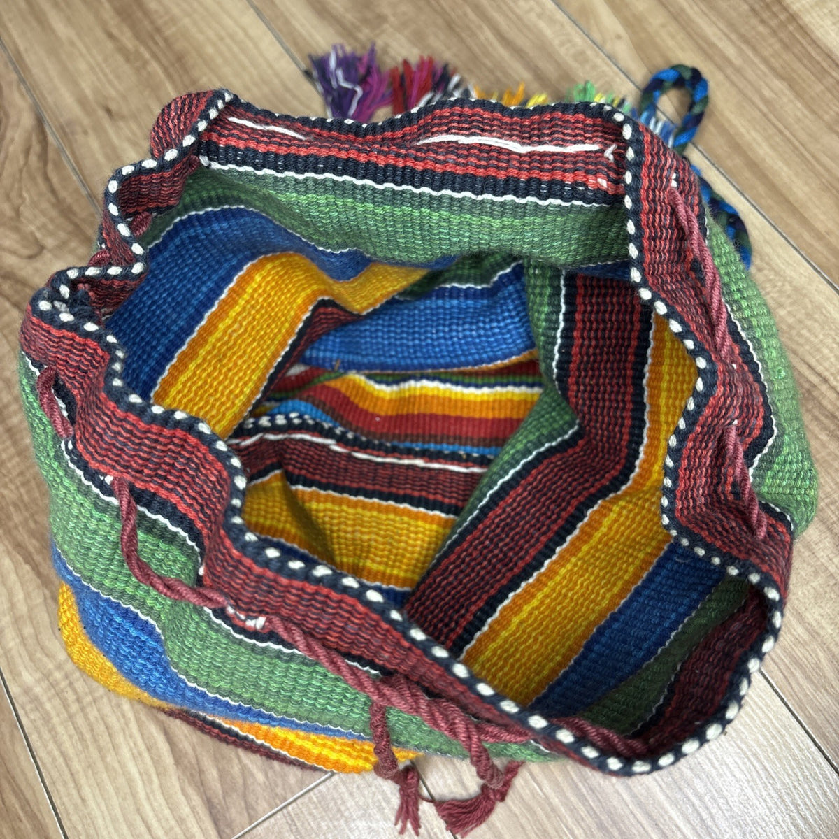 Handwoven Mexican Sarape Style Rainbow Drawstring Backpack
